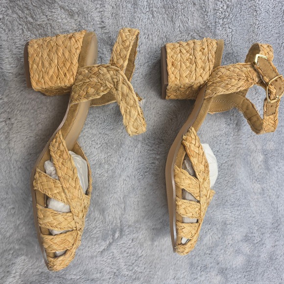 Farylrobin Women 8.5 Tan Block Heel Sandals Woven Raffia Braided Anthropologie - Picture 8 of 9